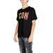 Black Icon Men T-Shirt featuring colorful ’CON’ text and a round neck design