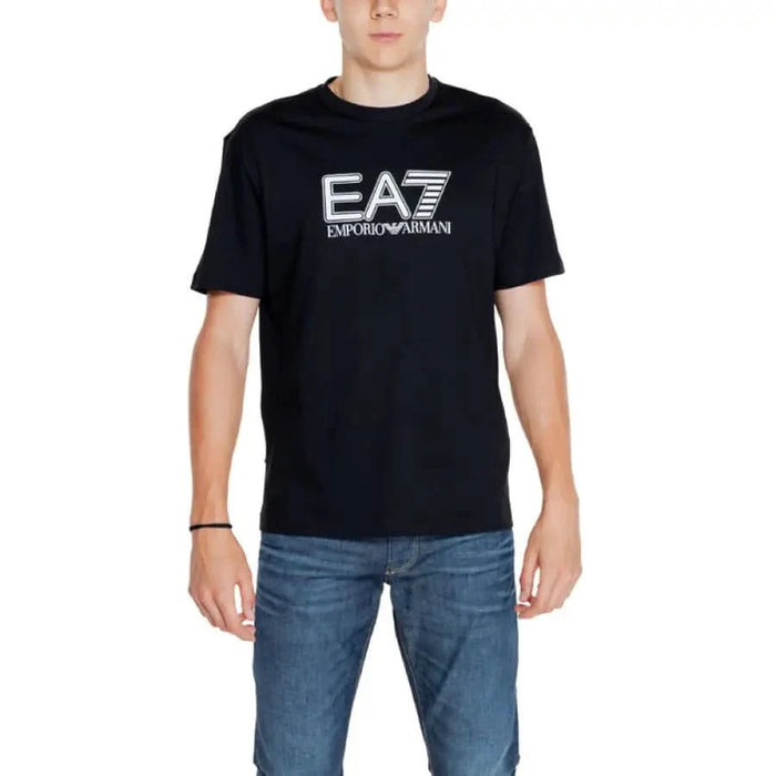 Black t-shirt with EA7 Emporio Armani logo in white displayed in Ea7 Men T-Shirt product