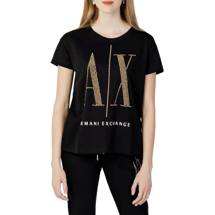 Black T-shirt featuring gold AX logo and Armani Exchange text for women