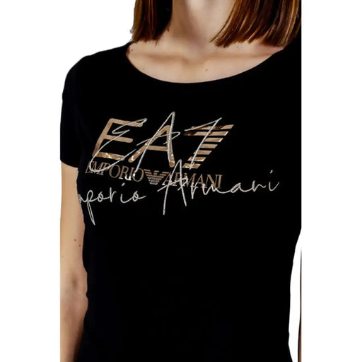 Black t-shirt with gold EA7 Emporio Armani logo for women in stylish design