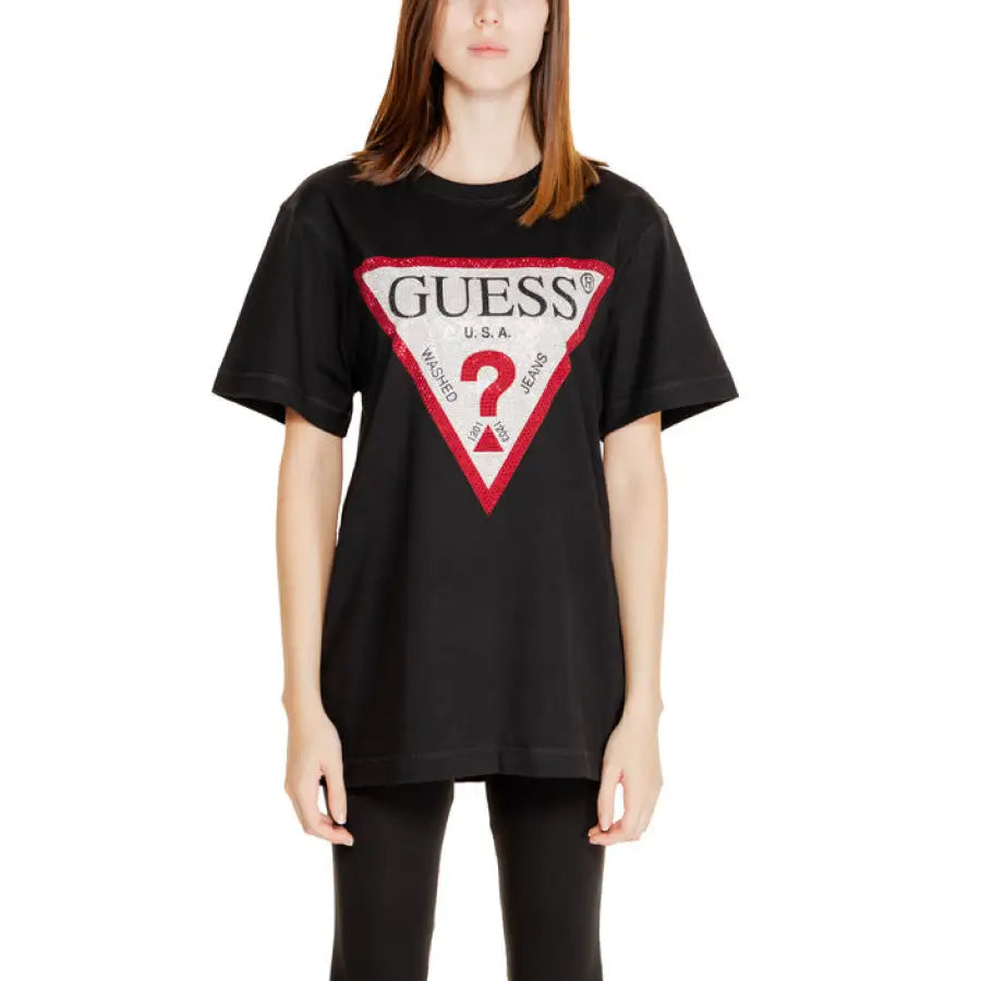 Black Guess t-shirt with triangular logo in red borders from Guess Women Knitwear collection