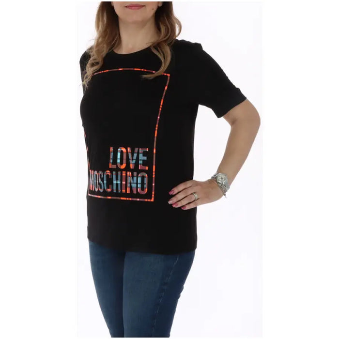 Black Love Moschino women t-shirt featuring colorful LOVE MOSCHINO print on front