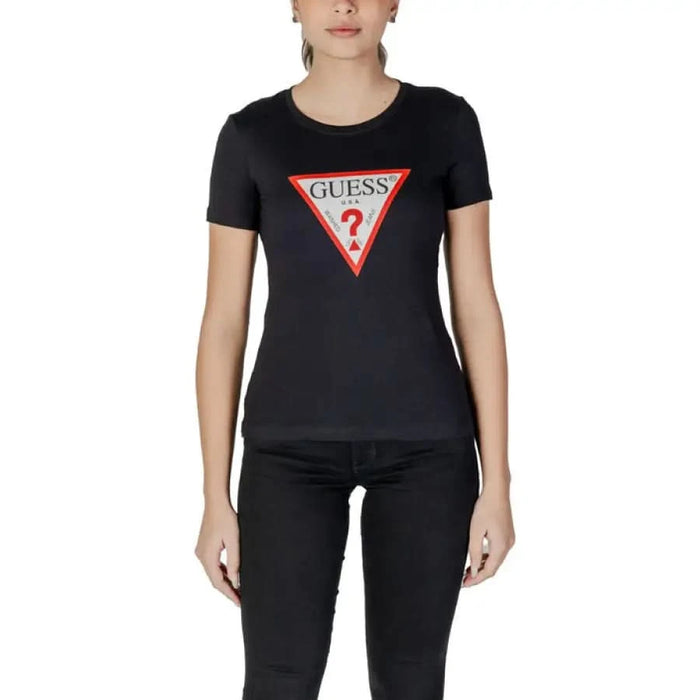 Black t-shirt featuring red and white triangular Guess logo on front, perfect for styling