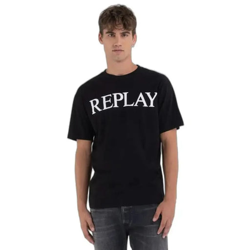 Black t-shirt with REPLAY printed in white letters on the front - Replay Men T-Shirt