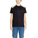 Black T-shirt with tan shoulder patches, featuring a logo from Alviero Martini Prima Classe