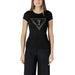 Black t-shirt featuring a triangular logo with a question mark for Guess Women’s collection