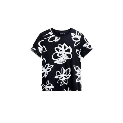 Black Desigual Women’s Round Neck T-Shirt featuring white floral print design