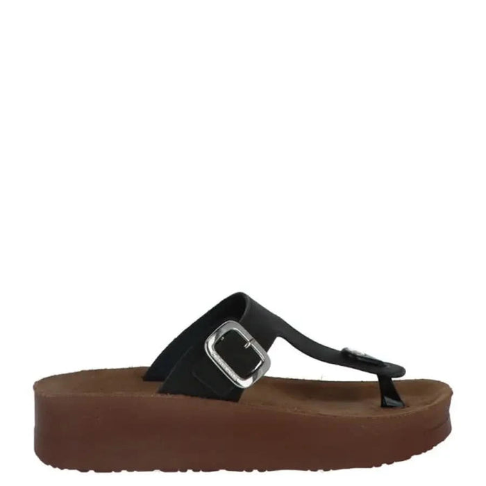 Carrera Women’s Black Thong Sandal with Brown Platform Sole and Silver Buckle