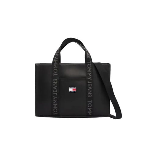 Black Tommy Hilfiger tote bag with logo and shoulder strap for women