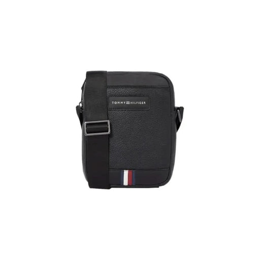 Black Tommy Hilfiger messenger bag with striped accent for men