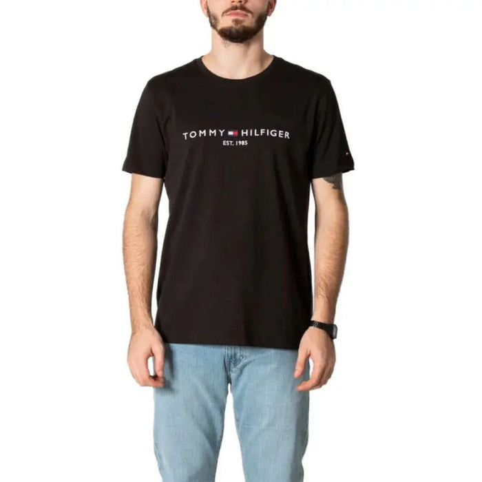 Black Tommy Hilfiger t-shirt with white logo text - Tommy Hilfiger Jeans Men T-Shirt