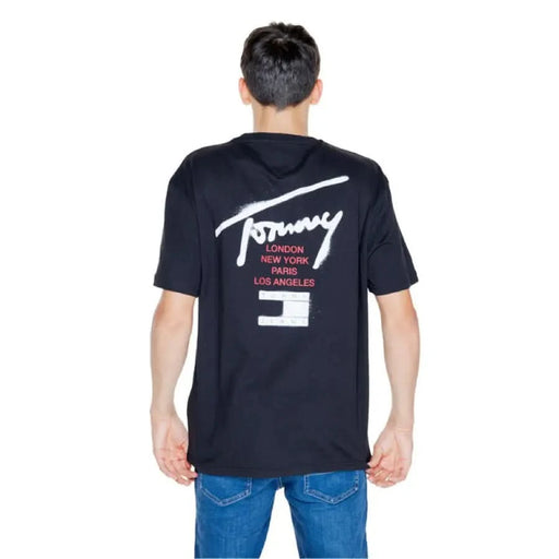 Black Tommy Hilfiger t-shirt with city names printed on back for men