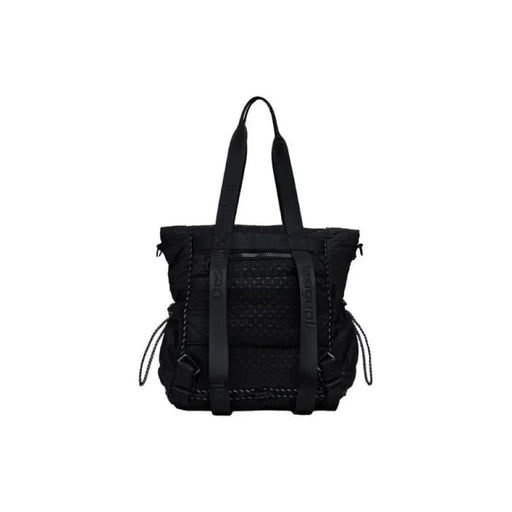 Black tote bag with woven details and adjustable side straps by Desigual