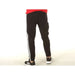 Adidas Men Trousers featuring black track pants with white side stripes and a red waistband