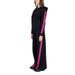 Black EA7 Women’s jumpsuit featuring pink side stripes, hood, and zip closure