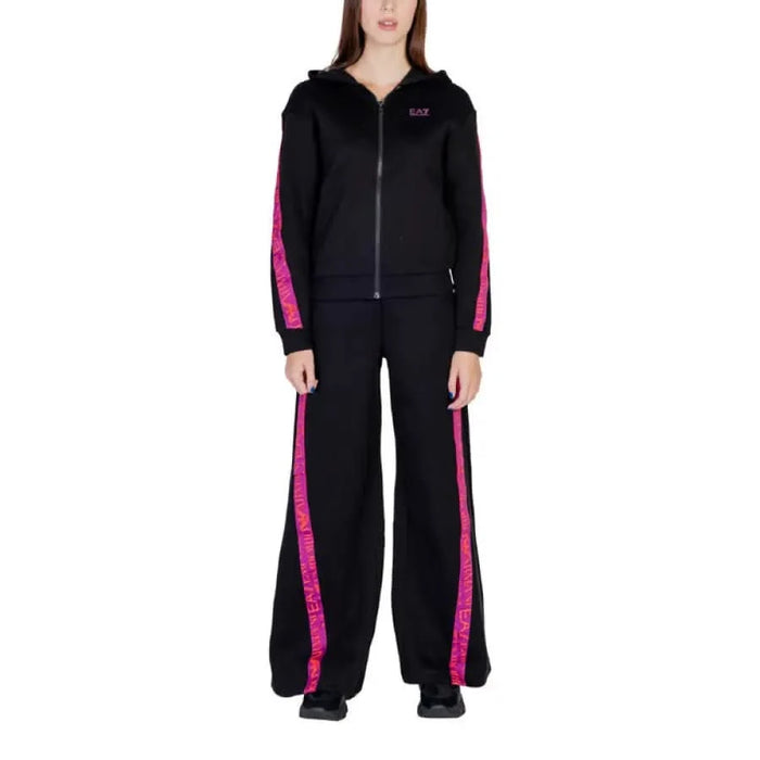 EA7 Women’s Black Jumpsuit with Hood and Zip featuring pink striped design