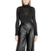 Black turtleneck bodysuit with sheer mesh detailing and long sleeves displayed on model