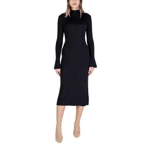 Black turtleneck midi dress with long bell sleeves by Sandro Ferrone for women