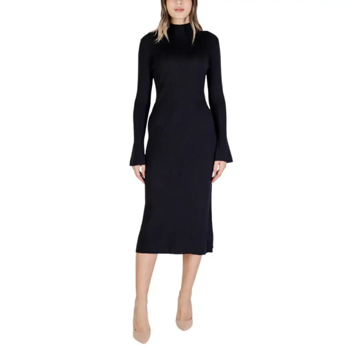 Black turtleneck midi dress with long bell sleeves by Sandro Ferrone for women