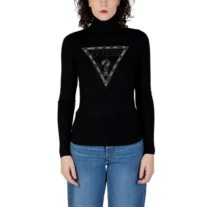 Black turtleneck sweater with triangular ’GUESS’ logo, Guess Women Knitwear