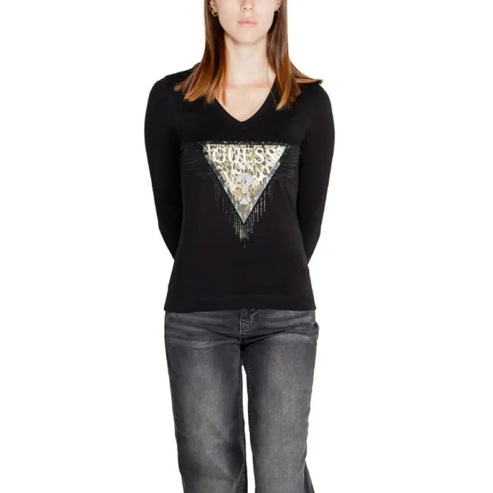 Black v-neck sweater with metallic triangle design, featured in Guess Women T-Shirt