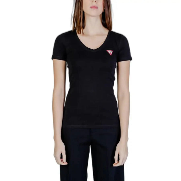 Guess Women’s Black V-neck T-shirt with Triangular Logo on Chest