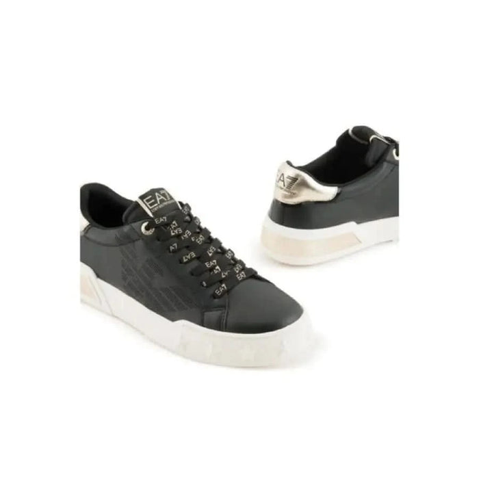 EA7 Women Sneakers: Black and white athletic shoes with EA7 branding and metallic accents