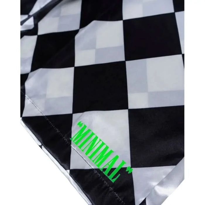 Minimal Men Shorts with black and white checkered shirt and green logo for spring summer.