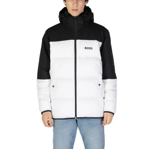 Black and white color-blocked puffer jacket with BOSS logo for men in polyester