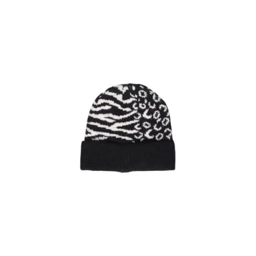 Black and white patterned winter beanie with solid black cuff from Only - Only Women Cap