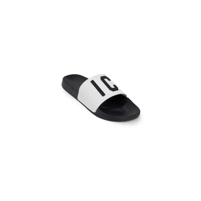 Black and white slide sandal with IC print on strap from Icon Men Slippers