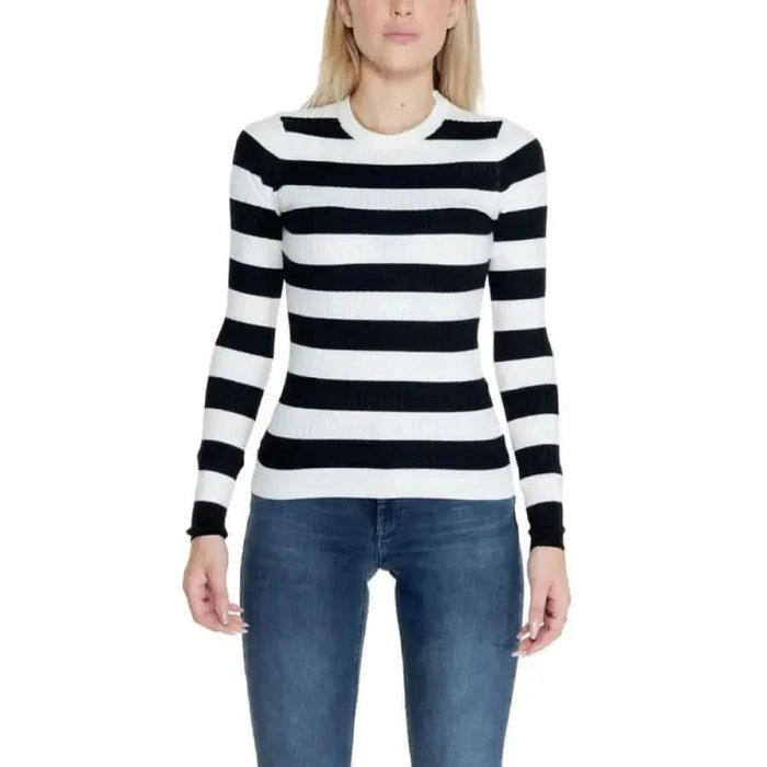 Black and white striped long-sleeved sweater with blue jeans - Only Women Knitwear