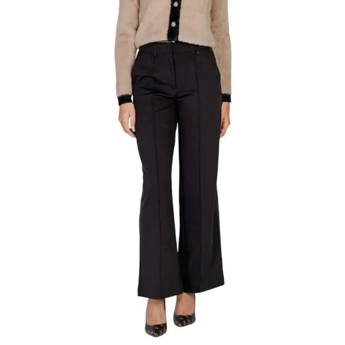 Black wide-leg flared trousers by Ichi for women, perfect for stylish casual or formal wear