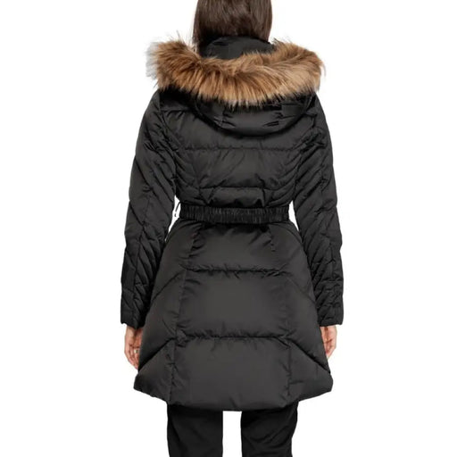 Black winter coat with fur-trimmed hood and belted waist from Guess Women Jacket