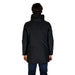 Black winter coat with high collar viewed from the back by Hydra Clothing