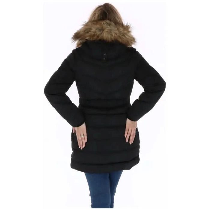 Pepe Jeans Women’s Black Winter Coat with Fur-Trimmed Hood, Person Facing Away