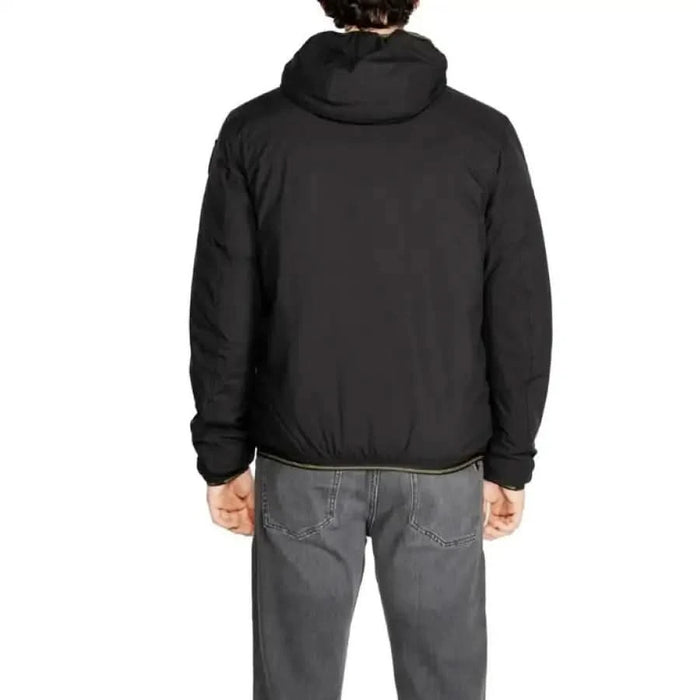 Black winter jacket with hood displayed from the back, Blauer Men Jacket