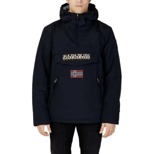 Black winter jacket with Norwegian flag patch and Napapijri branding for men