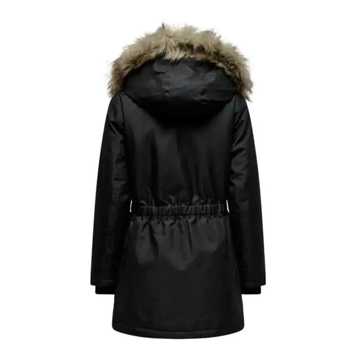 Black winter parka with fur-trimmed hood and drawstring waist from Only Women Jacket