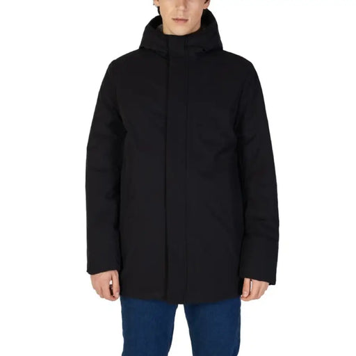 Black winter parka with hood and concealed closure from Suns Men’s Black Turtleneck Jacket