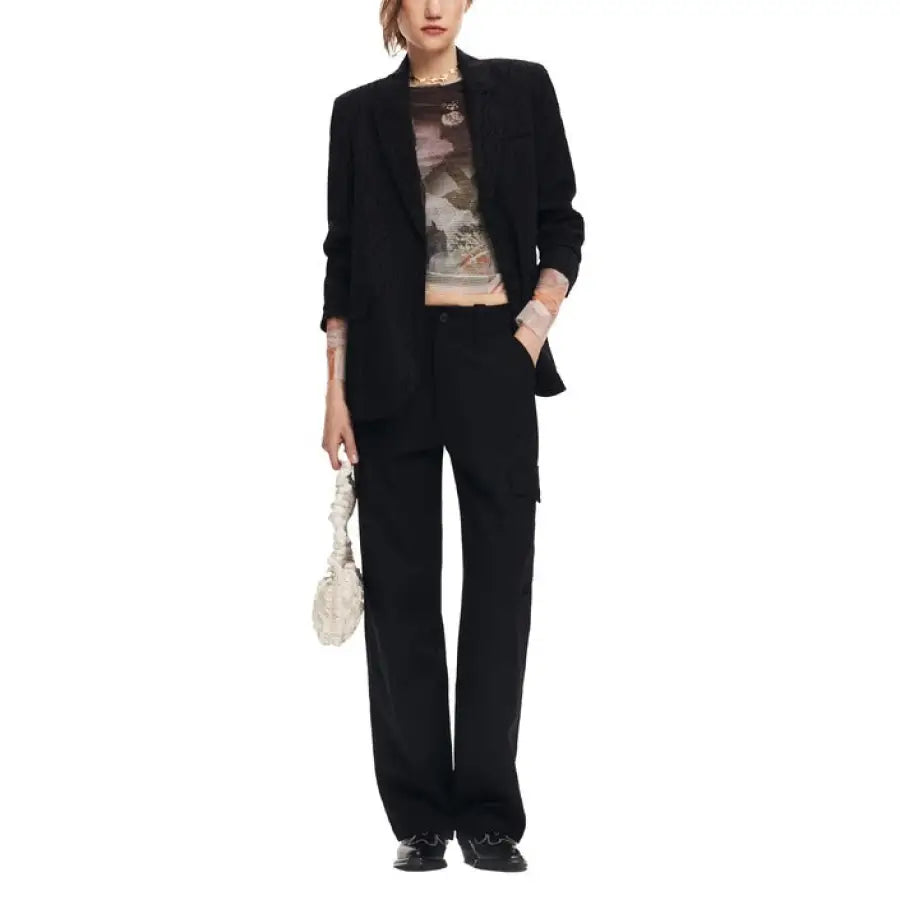 Desigual Women’s Blazer: Black pantsuit with graphic t-shirt underneath