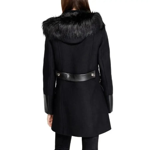 Black wool coat with faux fur trim and leather belt from Morgan De Toi Women Jacket