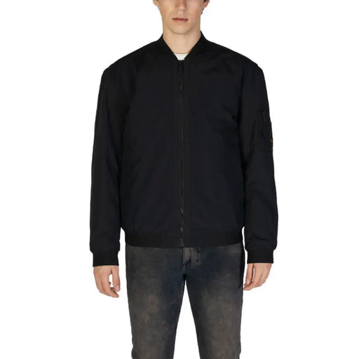 Black zip-up bomber jacket with ribbed collar and cuffs from Boss Men’s Spring/Summer Collection