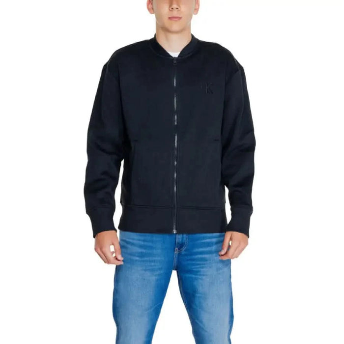 Black zip-up bomber jacket with logo; Calvin Klein Jeans Men Sweatshirts collection