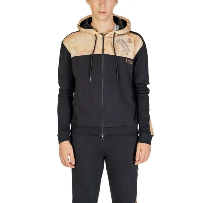 Black zip-up hoodie with beige shoulder panels from Alviero Martini Prima Classe