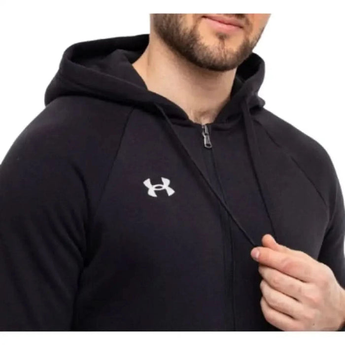 Black zip-up hoodie featuring an Under Armour logo for men in sweatshirts collection