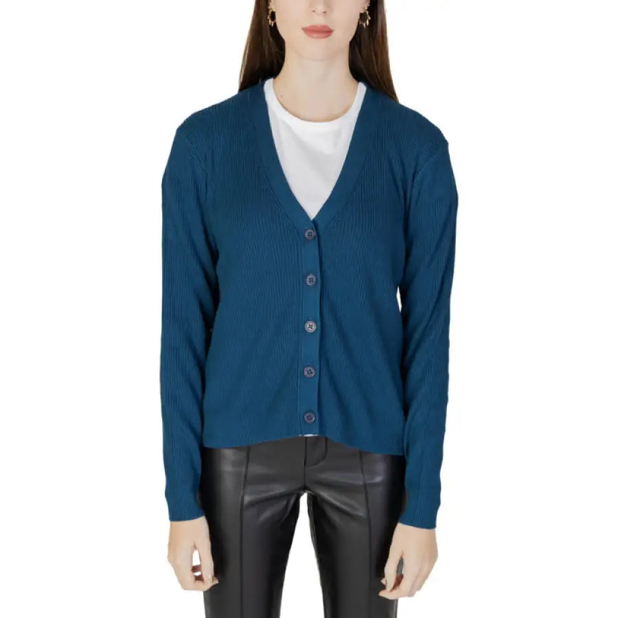 Street One Women Cardigan: Blue button-up cardigan sweater over a white shirt