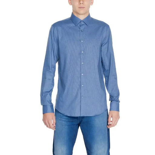 Calvin Klein Men Shirt Blue Button-up Dress Shirt with Blue Jeans