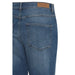 Blue denim jeans featuring a back pocket and leather brand patch from Ichi Women Jeans