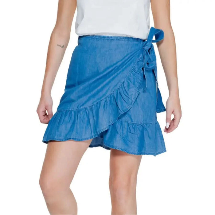 Blue denim wrap skirt with ruffled edges and a side tie - Only Women Skirt